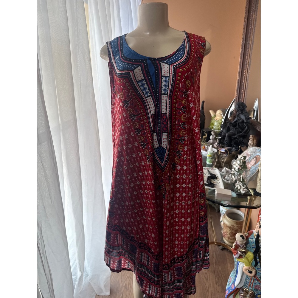 Bohemian Red Dashiki Print Sleeveless Tunic Dress Womens Large Blue White Tribal